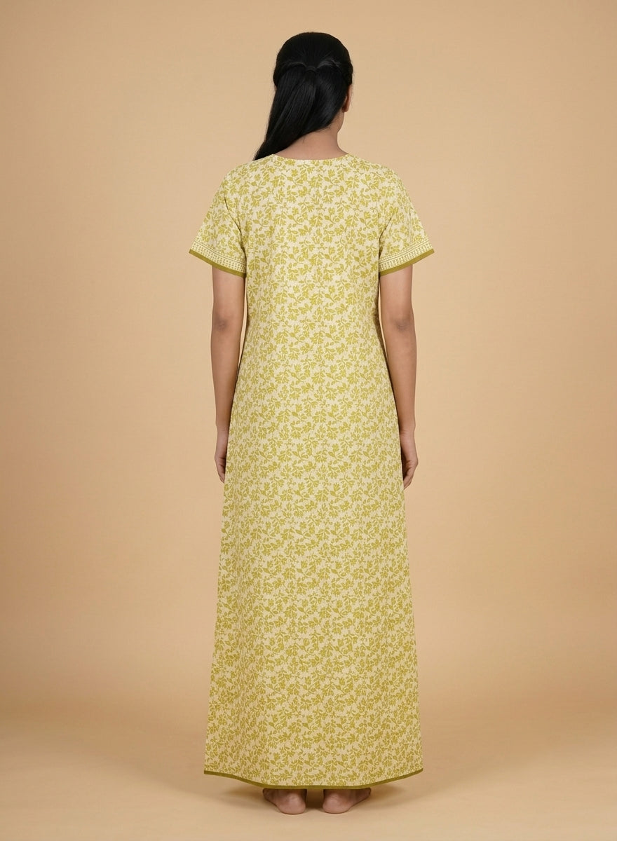 Olive Green Floral Print Cotton Nighty – Quilted Square Yoke