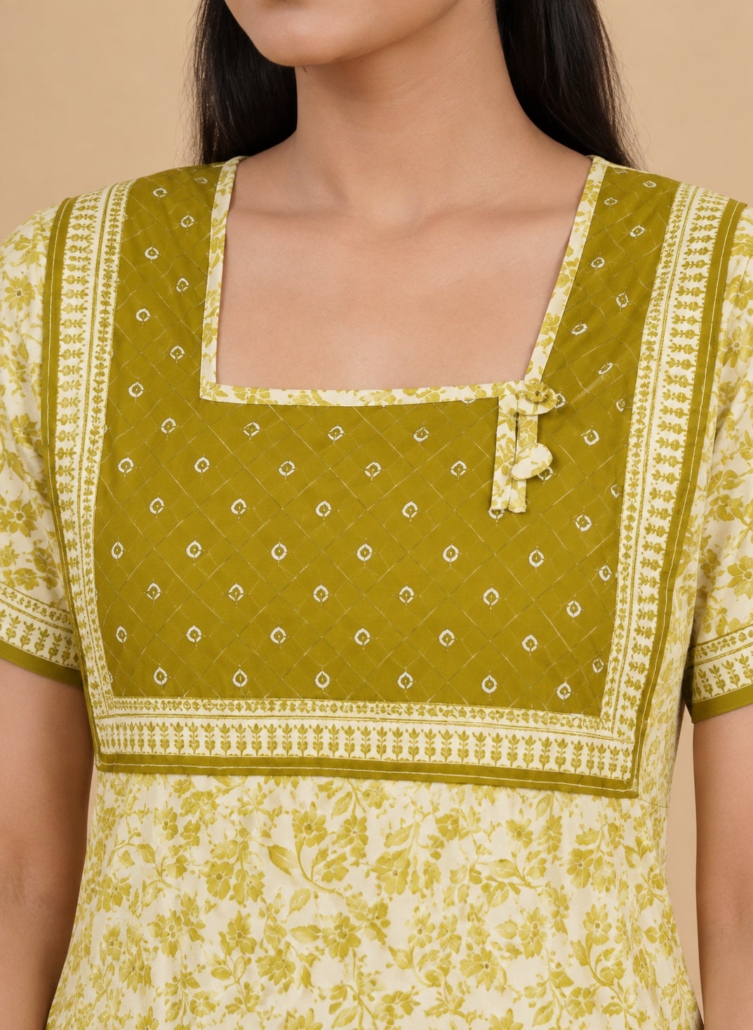 Olive Green Floral Print Cotton Nighty – Quilted Square Yoke