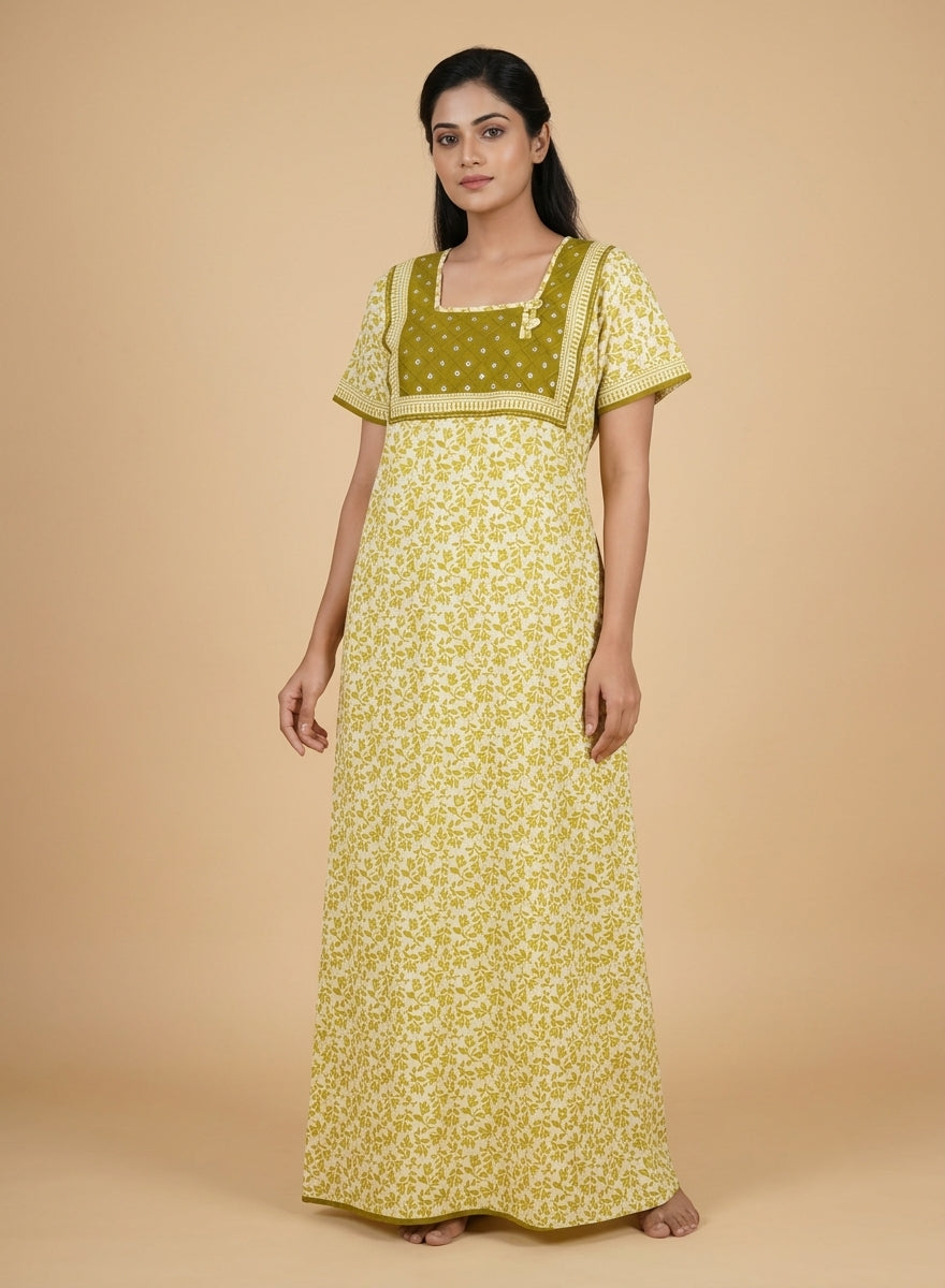 Olive Green Floral Print Cotton Nighty – Quilted Square Yoke