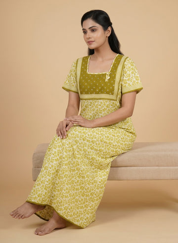 Olive Green Floral Print Cotton Nighty – Quilted Square Yoke
