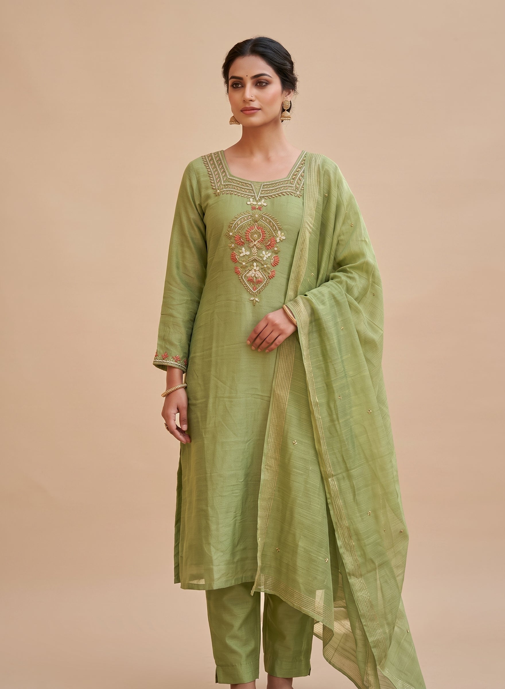 Light olive green suit set with dupatta - set of 3