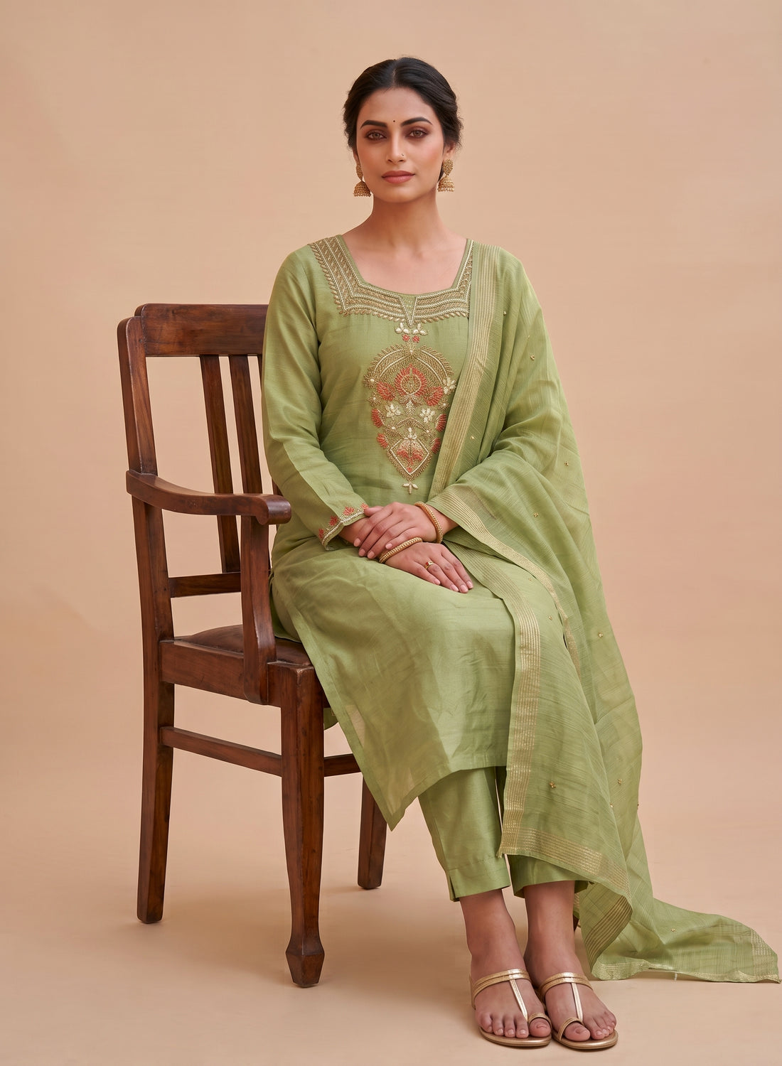 Light olive green suit set with dupatta - set of 3