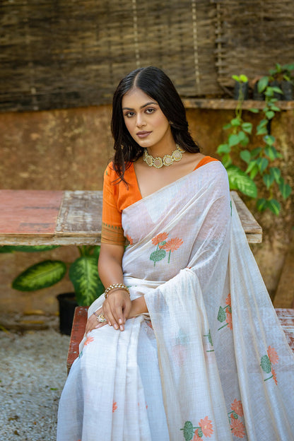 Semi Muga Silk Saree - Orange Lotus