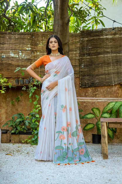 Semi Muga Silk Saree - Orange Lotus