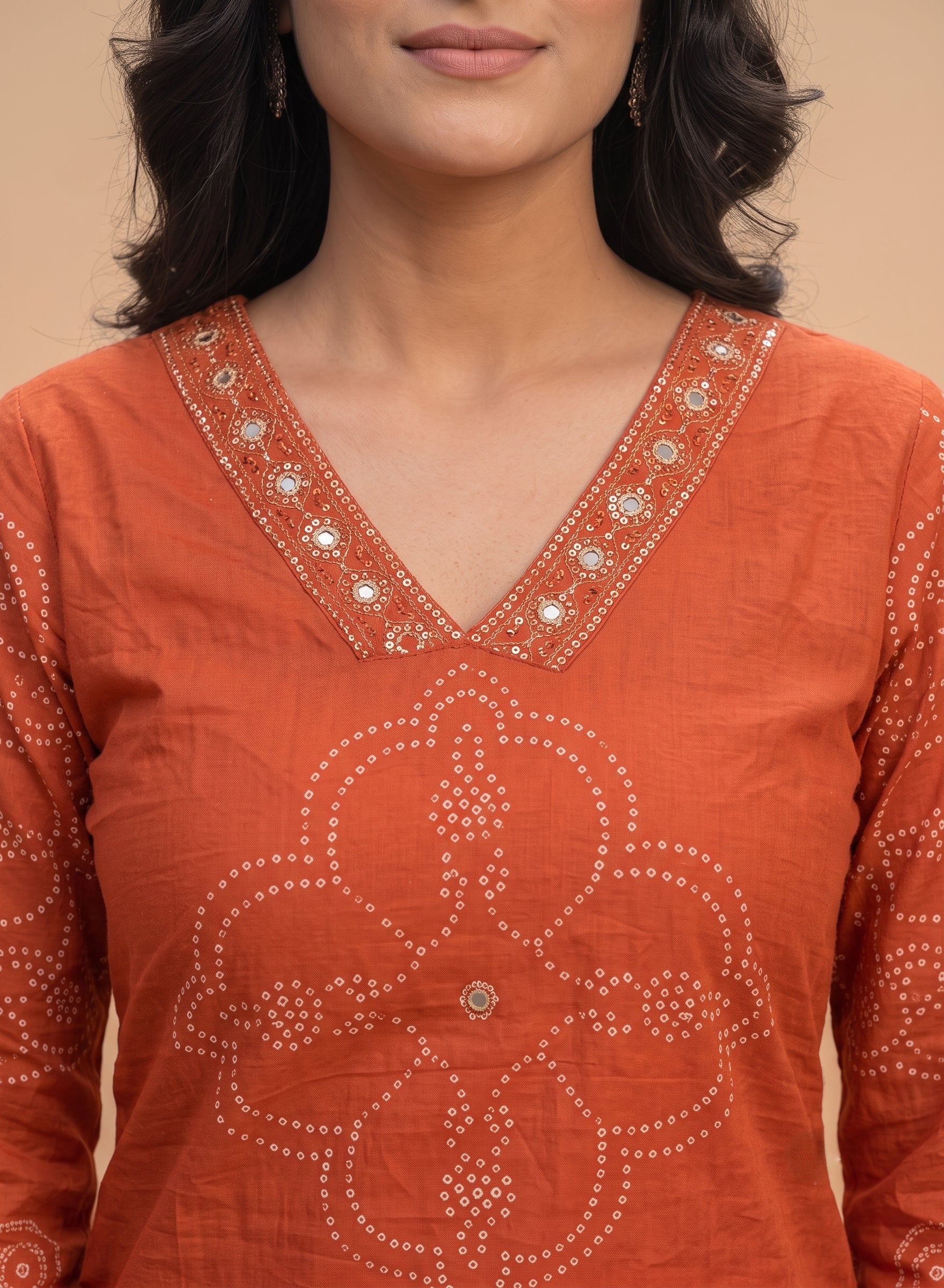 Rust Orange Bandhani Printed Cotton Suit Set with Dupatta - Set of 3