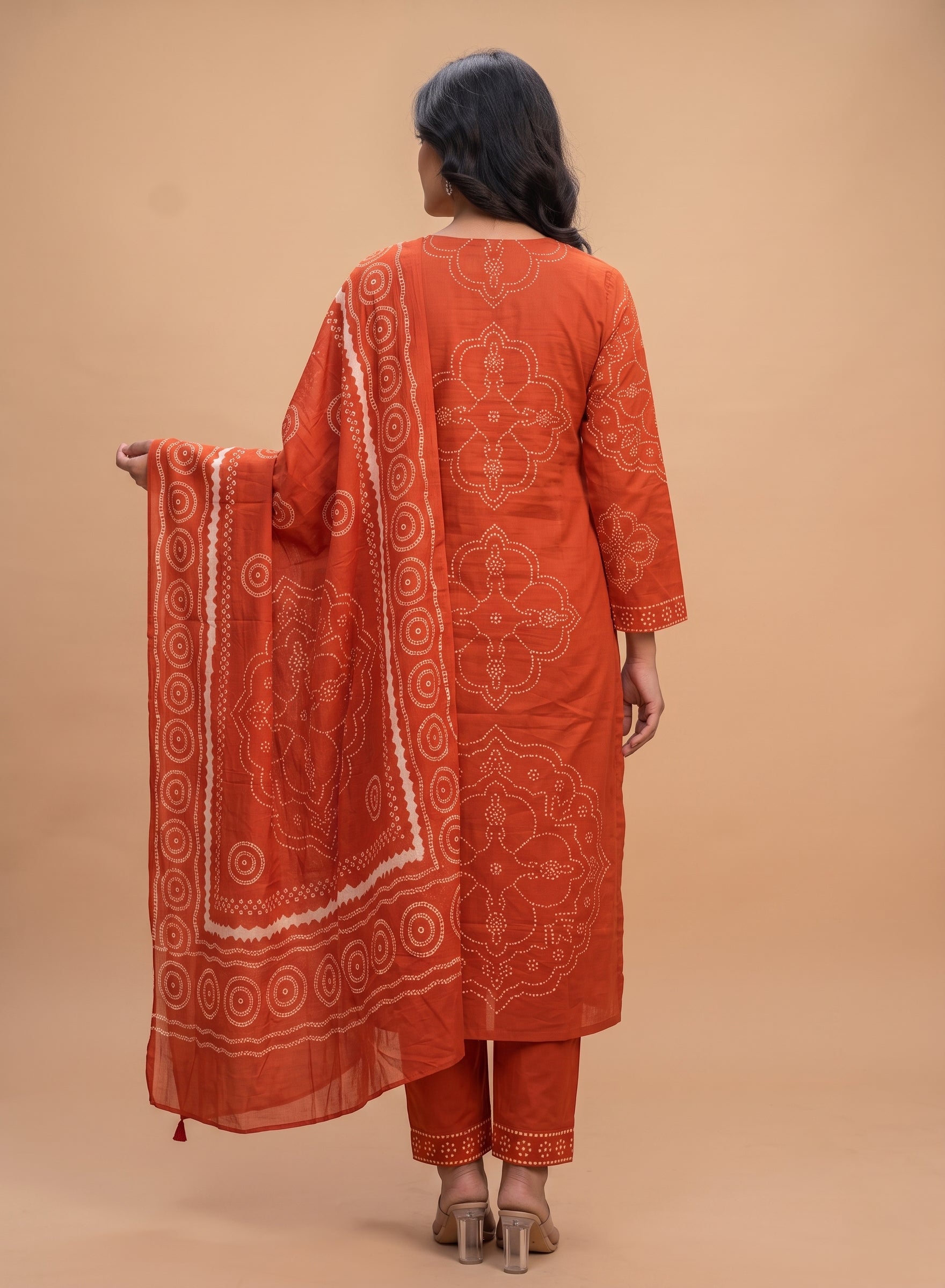 Rust Orange Bandhani Printed Cotton Suit Set with Dupatta - Set of 3