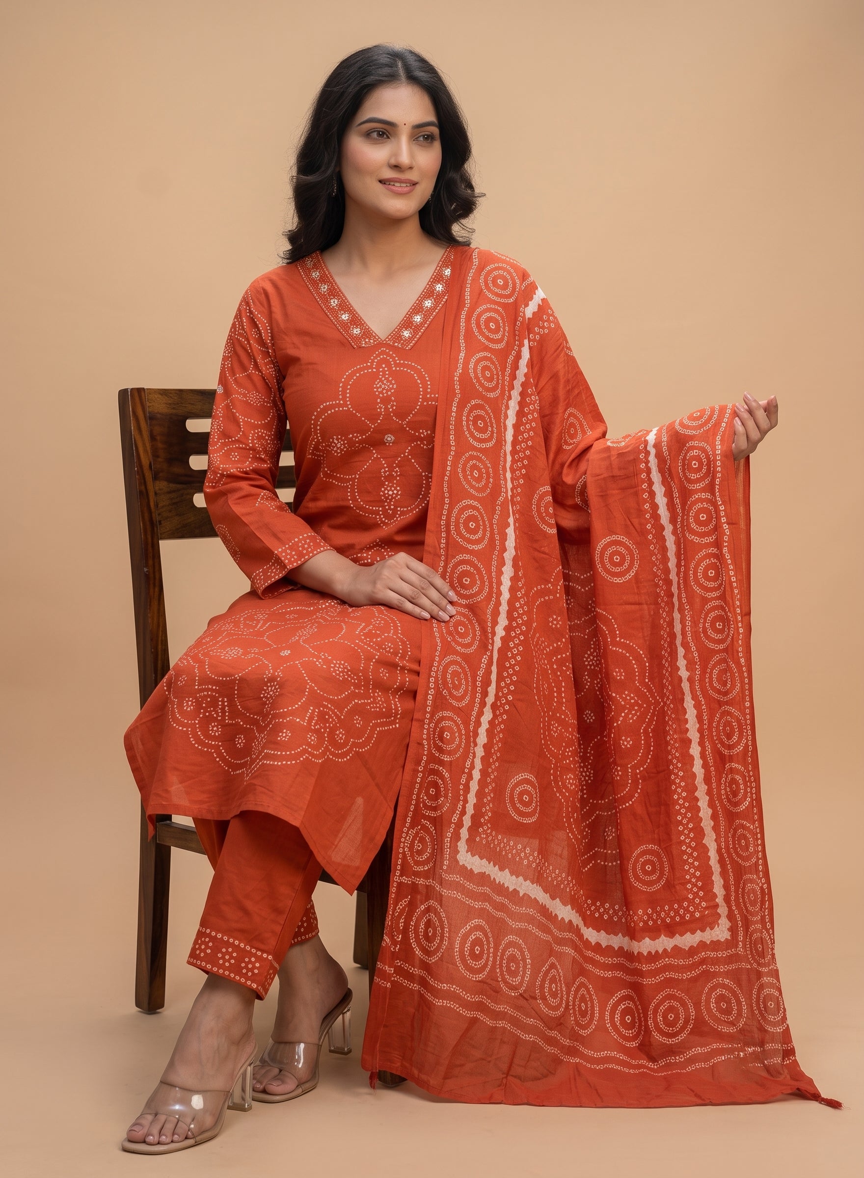 Rust Orange Bandhani Printed Cotton Suit Set with Dupatta - Set of 3