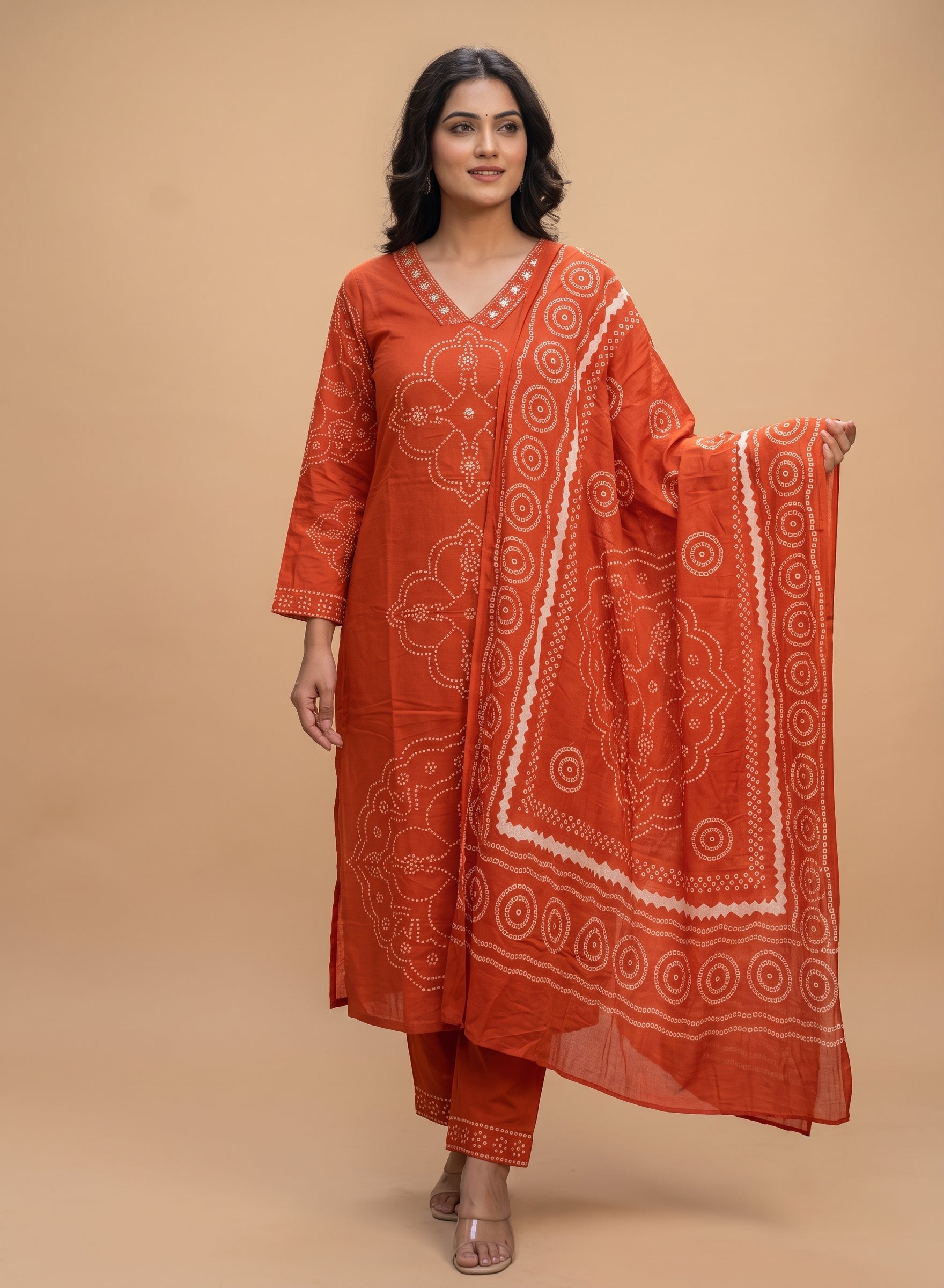 Rust Orange Bandhani Printed Cotton Suit Set with Dupatta - Set of 3