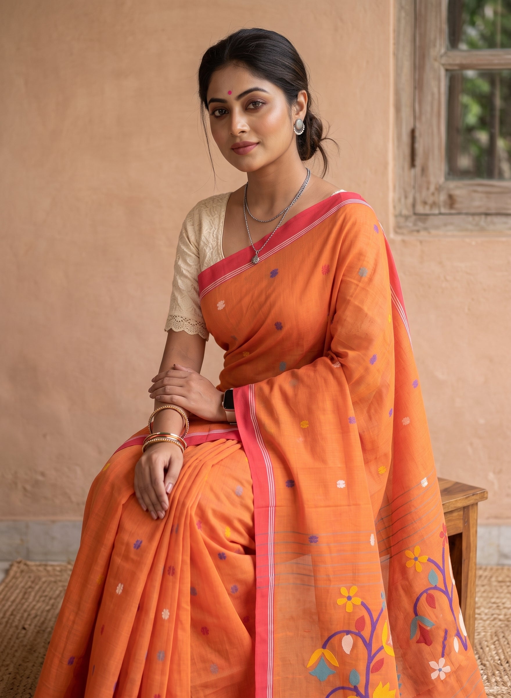 Orange Multicolor Jamdani Mul Cotton Saree