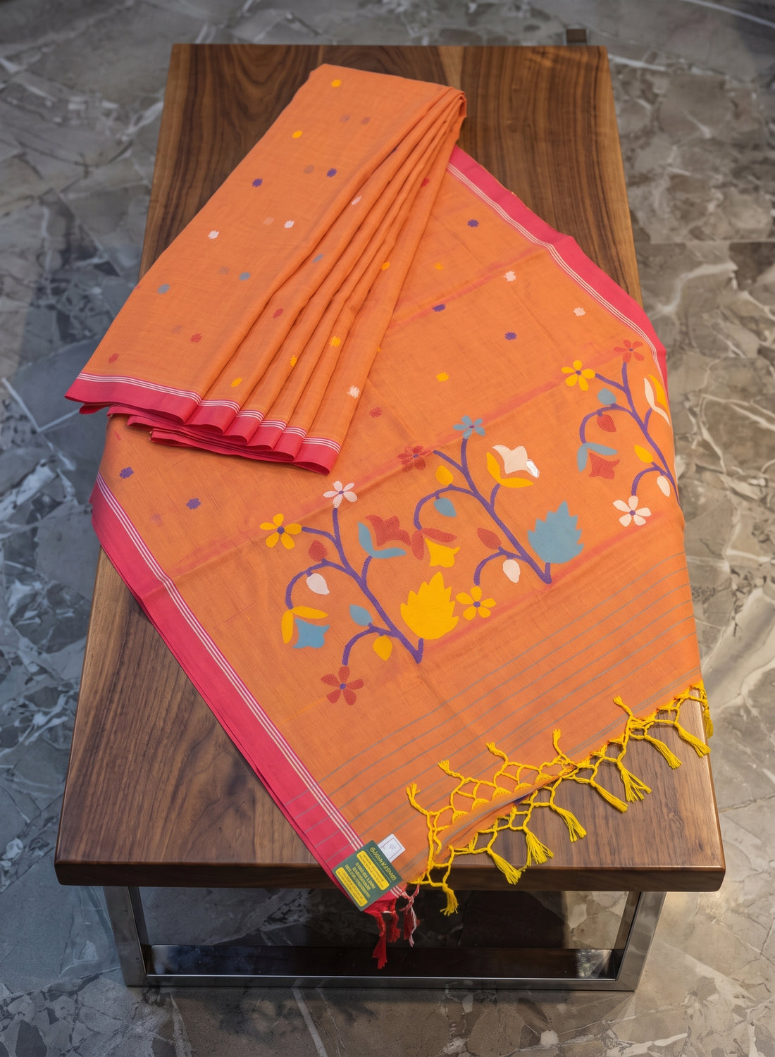 Orange Multicolor Jamdani Mul Cotton Saree