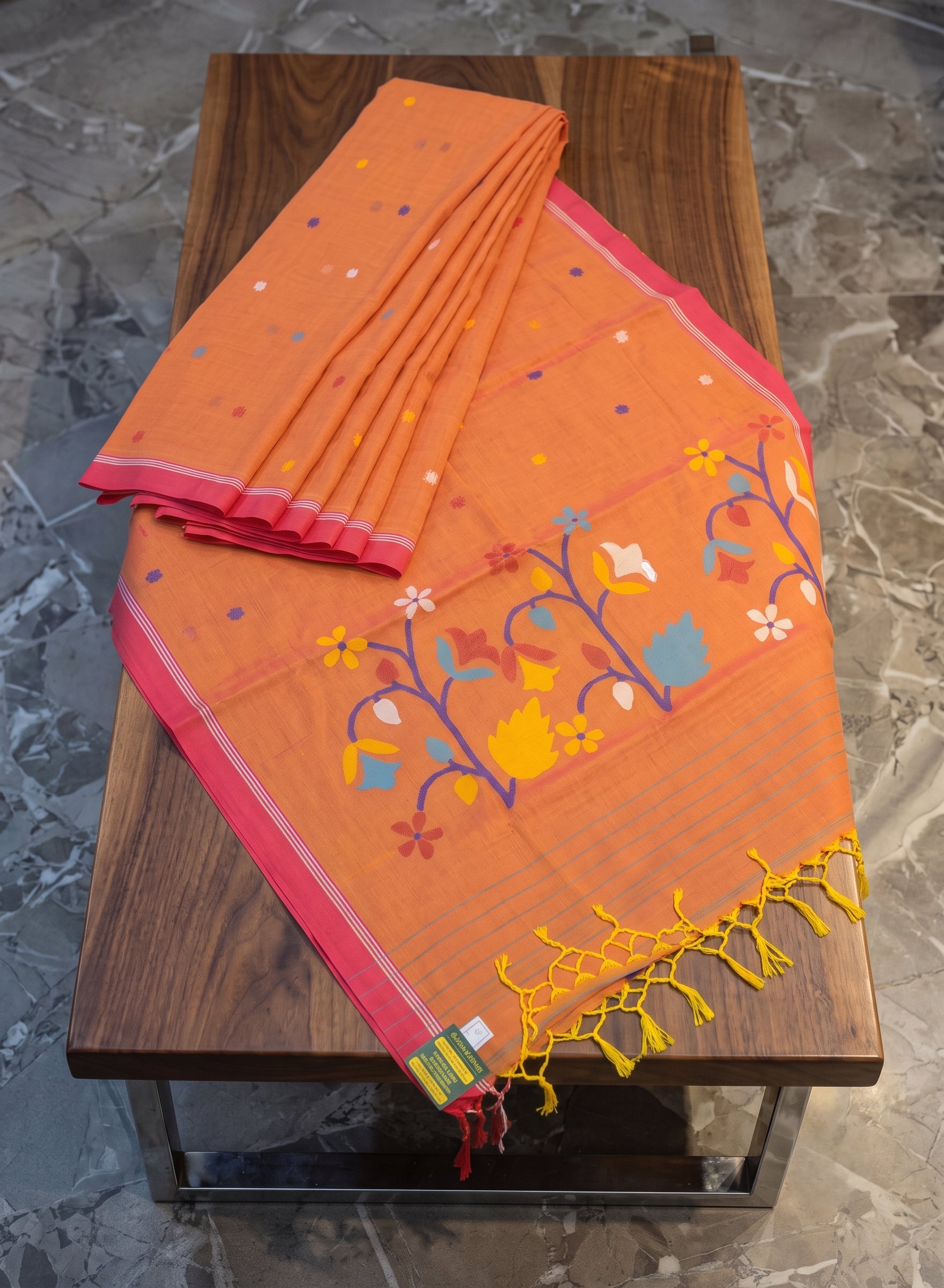 Orange Multicolor Jamdani Mul Cotton Saree