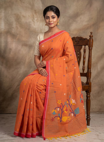 Orange Multicolor Jamdani Mul Cotton Saree