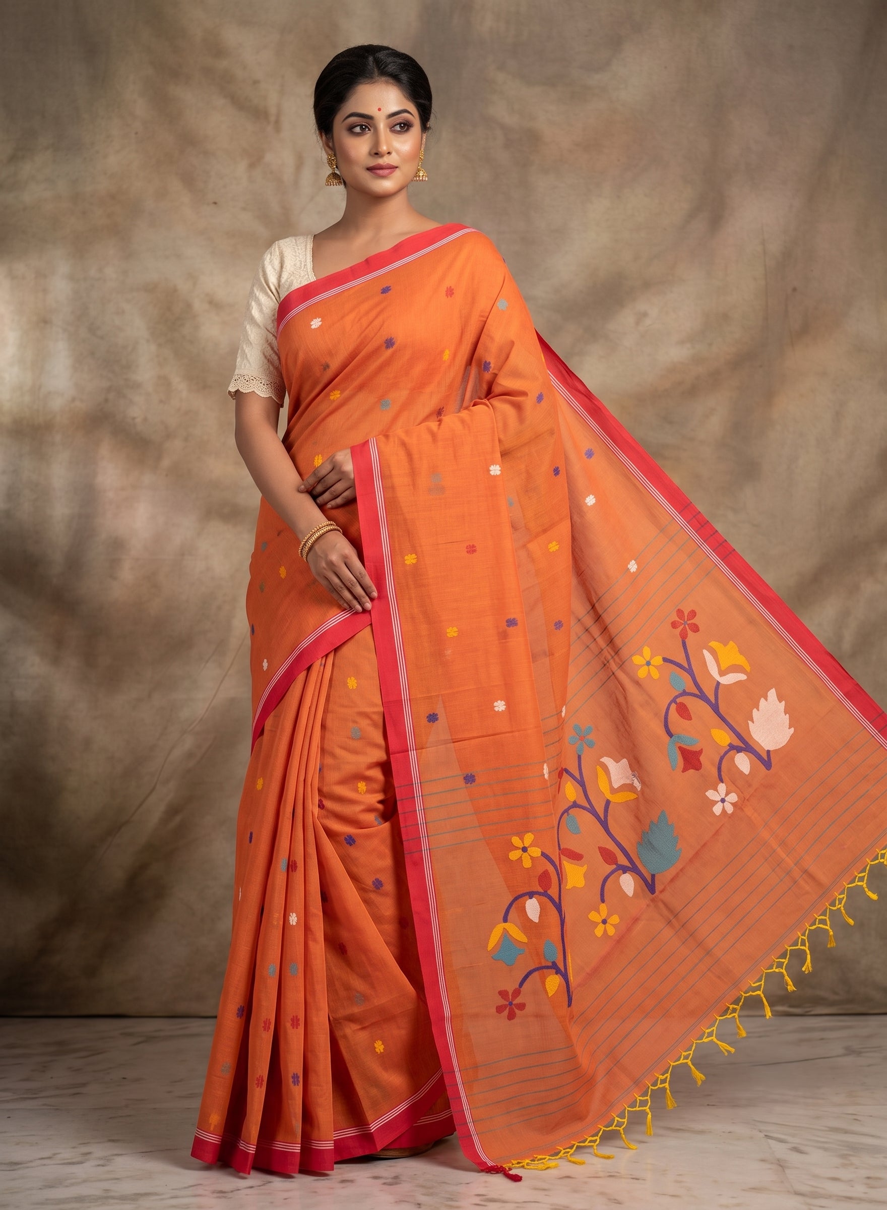 Orange Multicolor Jamdani Mul Cotton Saree