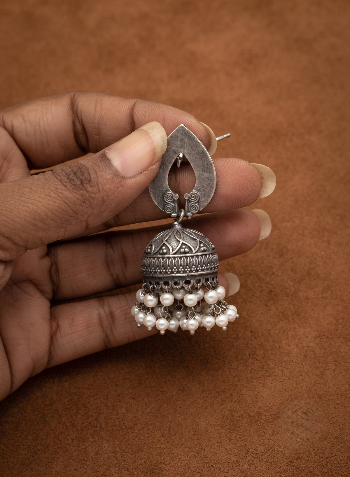 Oxidised Silver Big Double line pearl lining jhumka