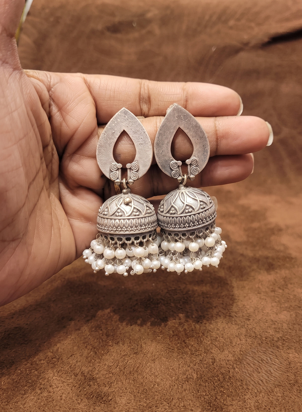 Oxidised Silver Big Double line pearl lining jhumka