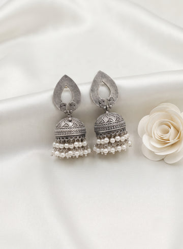 Oxidised Silver Big Double line pearl lining jhumka