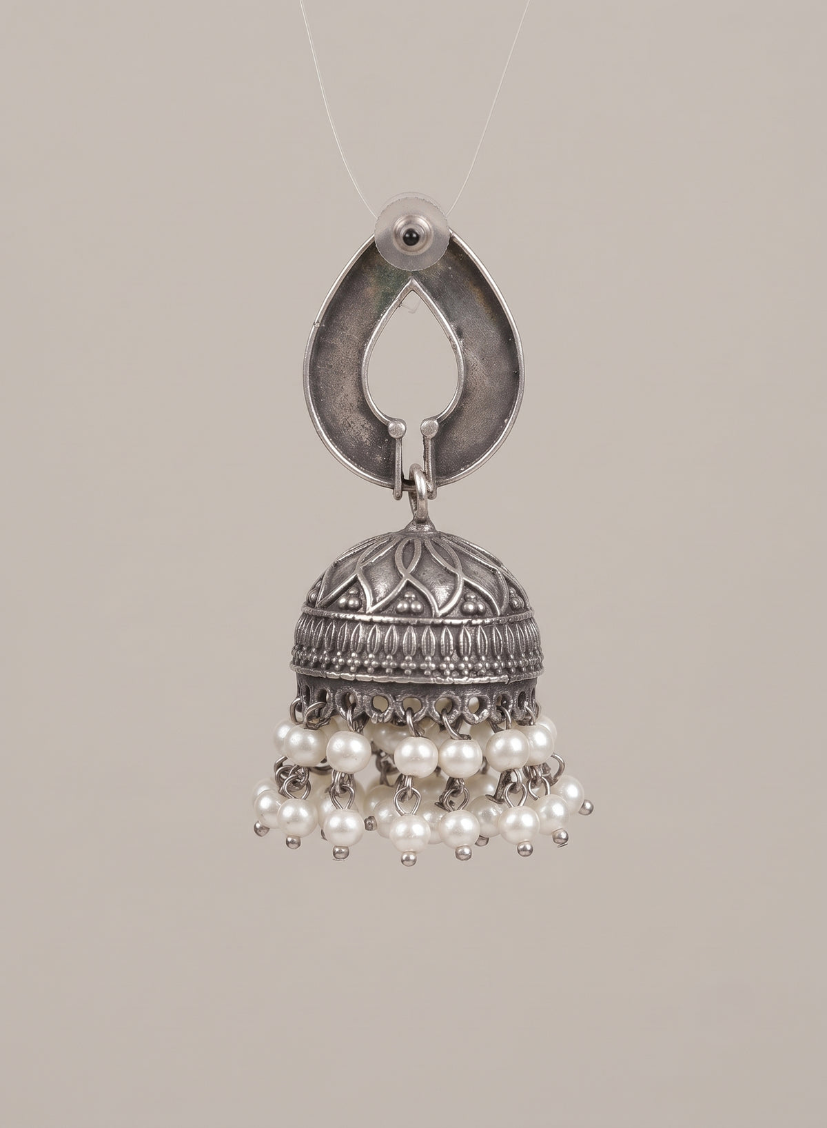 Oxidised Silver Big Double line pearl lining jhumka