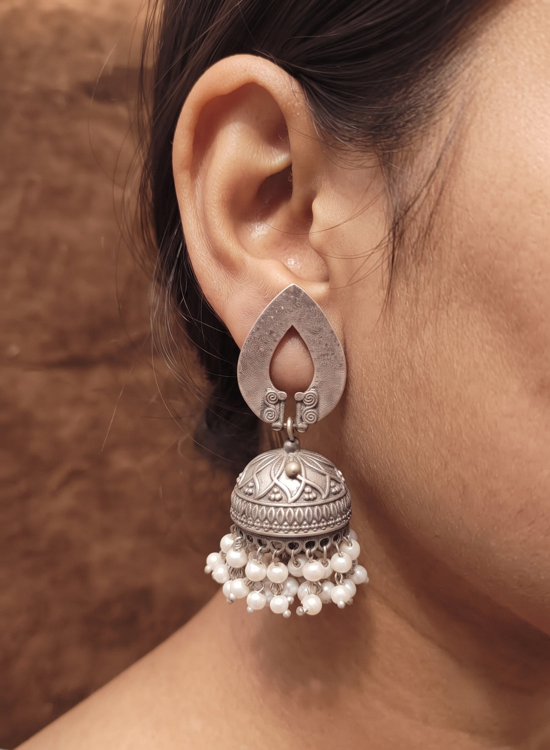 Oxidised Silver Double line pearl lining jhumka