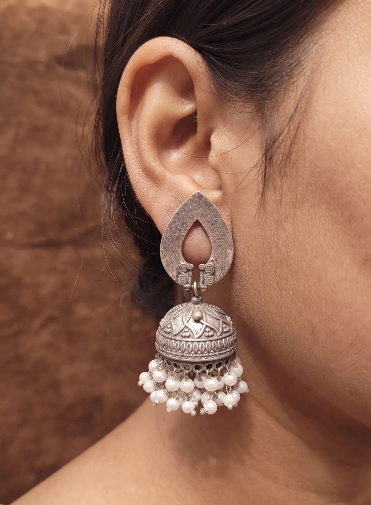 Oxidised Silver Big Double line pearl lining jhumka