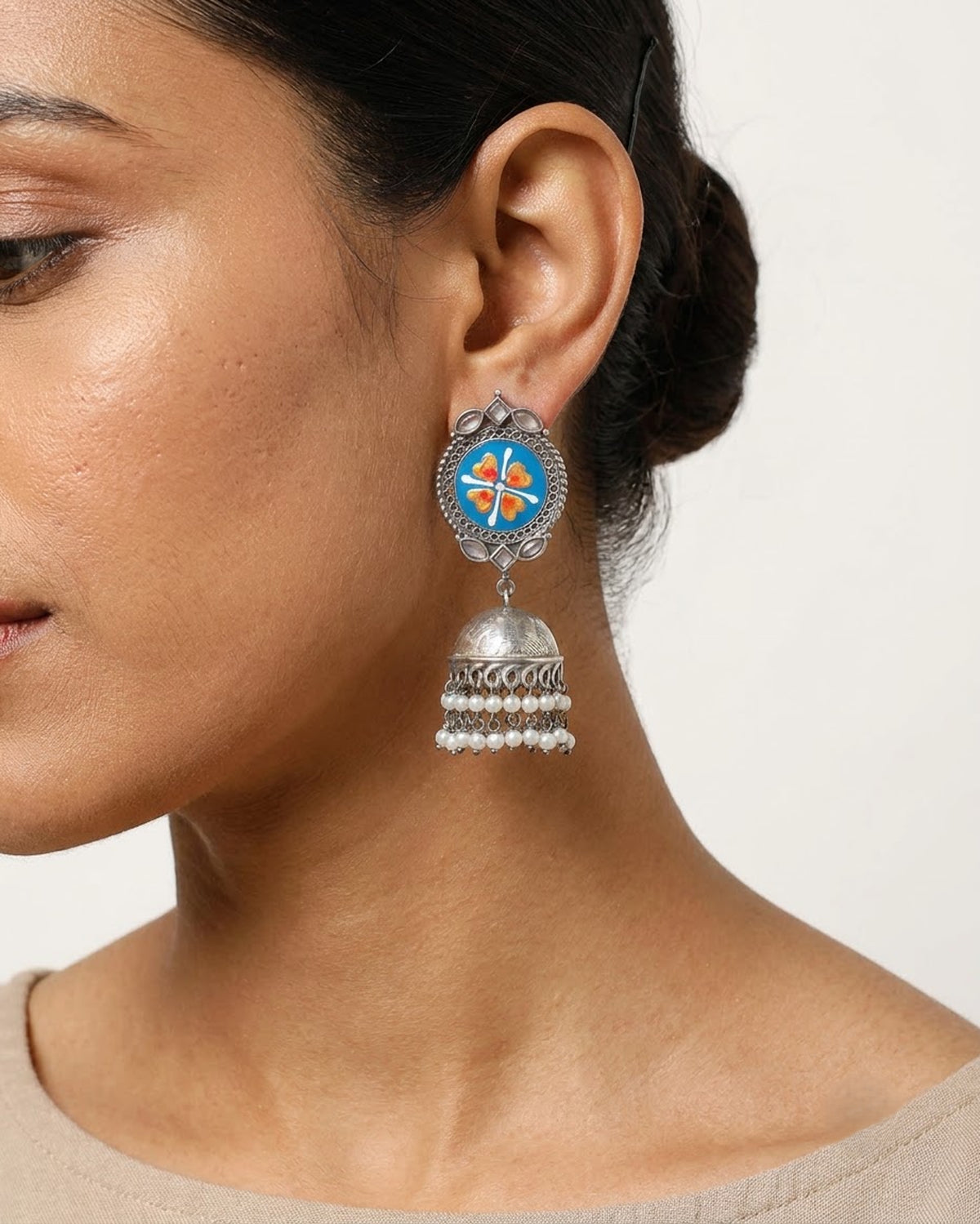 Oxidized Silver Hand Painted Big Jhumka