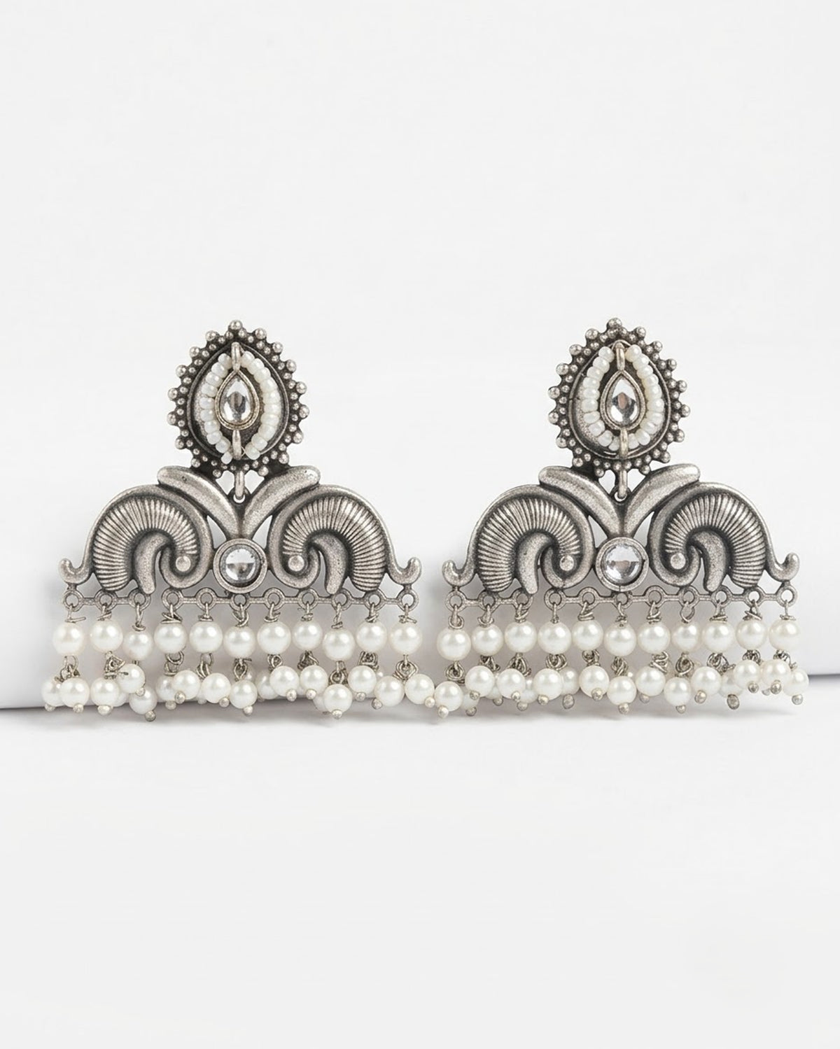 Antique Scroll Pearl Drop Triangle Earrings