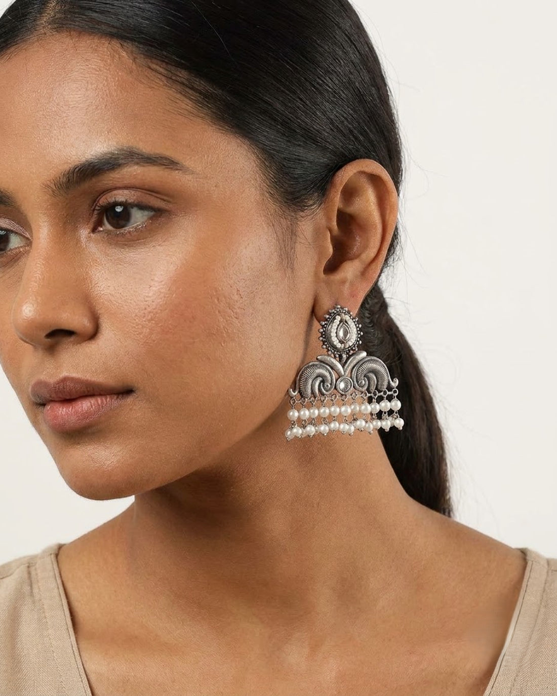 Antique Scroll Pearl Drop Triangle Earrings