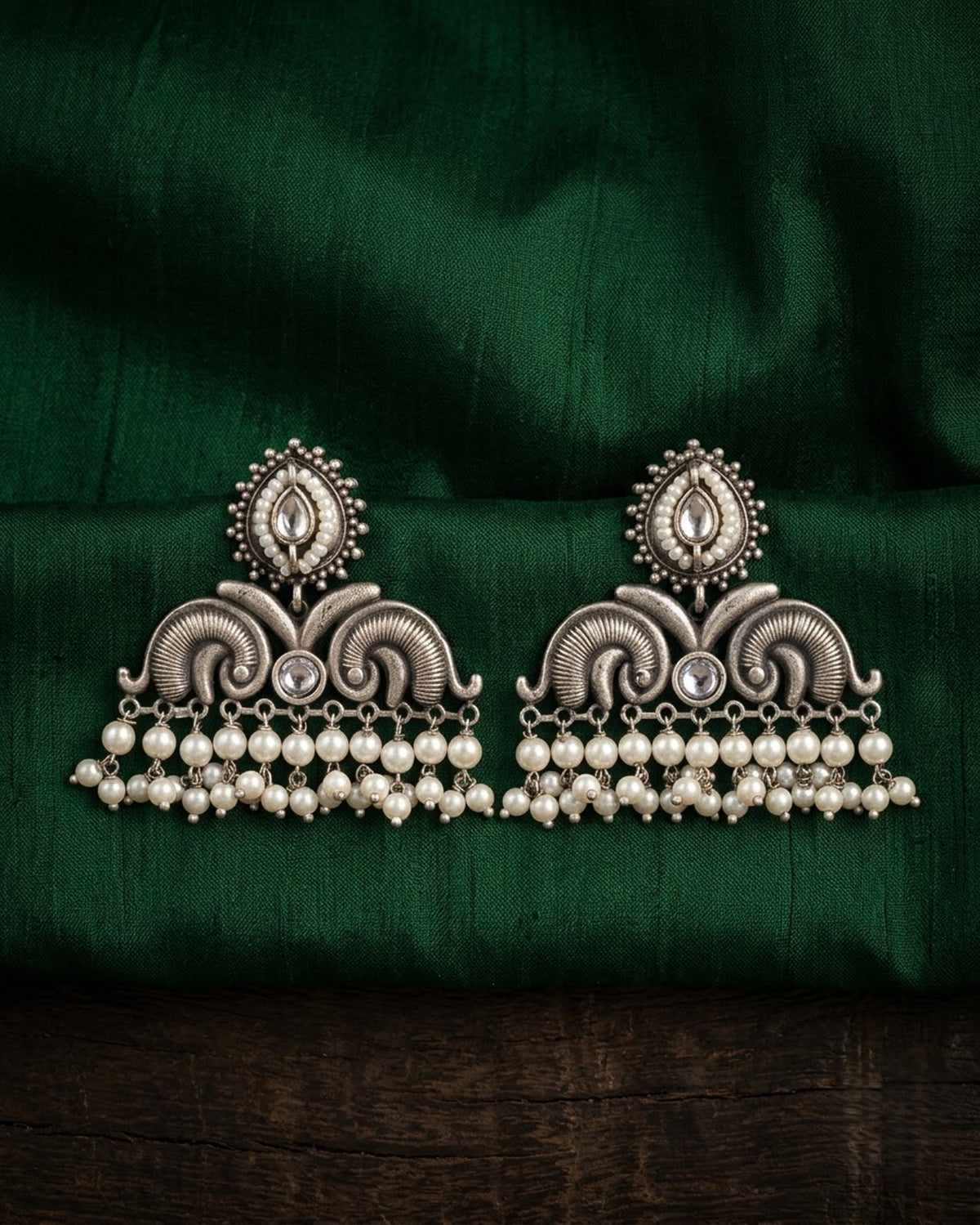 Antique Scroll Pearl Drop Triangle Earrings