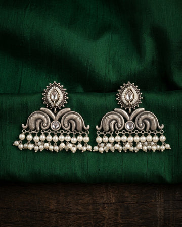 Antique Scroll Pearl Drop Triangle Earrings