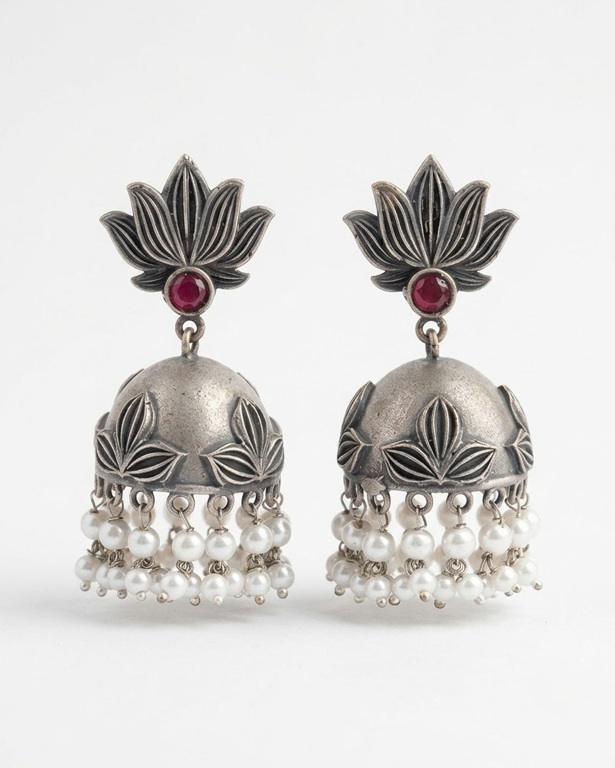 Oxidized Silver Handmade Lotus Big Jhumka
