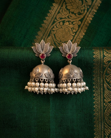 Oxidized Silver Handmade Lotus Big Jhumka