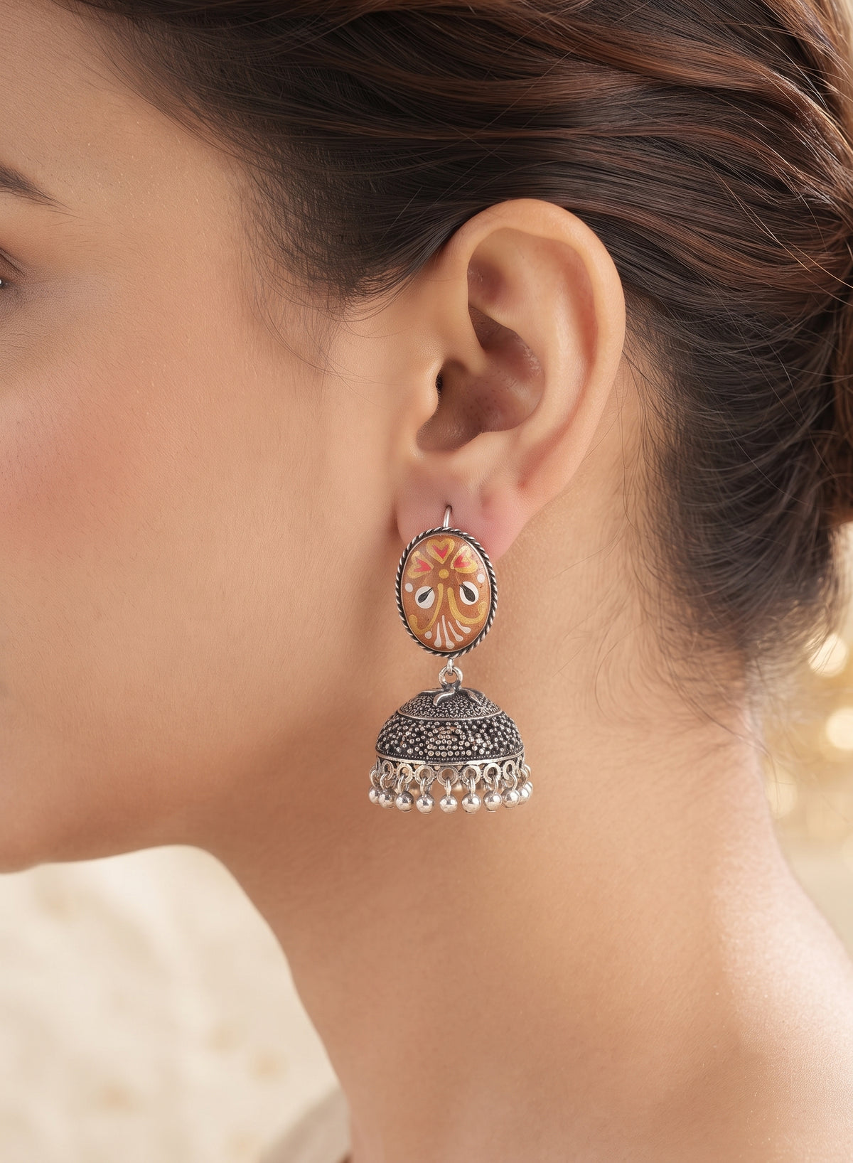 Hand-Painted Oxidized Silver Jhumka Earrings