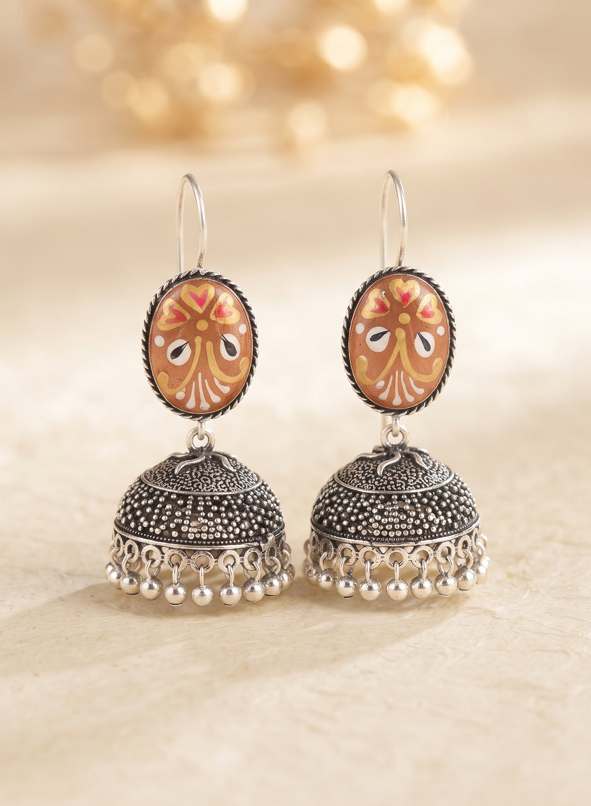 Hand-Painted Oxidized Silver Jhumka Earrings
