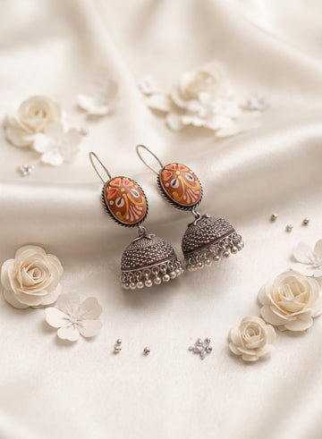 Hand-Painted Oxidized Silver Jhumka Earrings