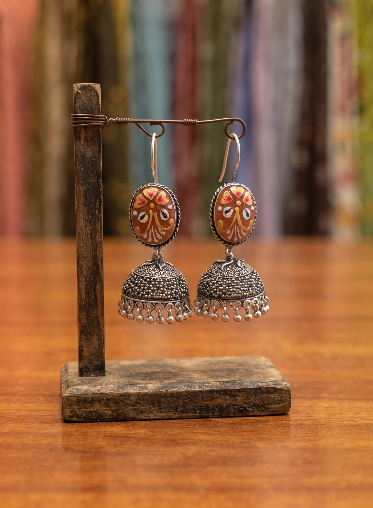 Hand-Painted Oxidized Silver Jhumka Earrings