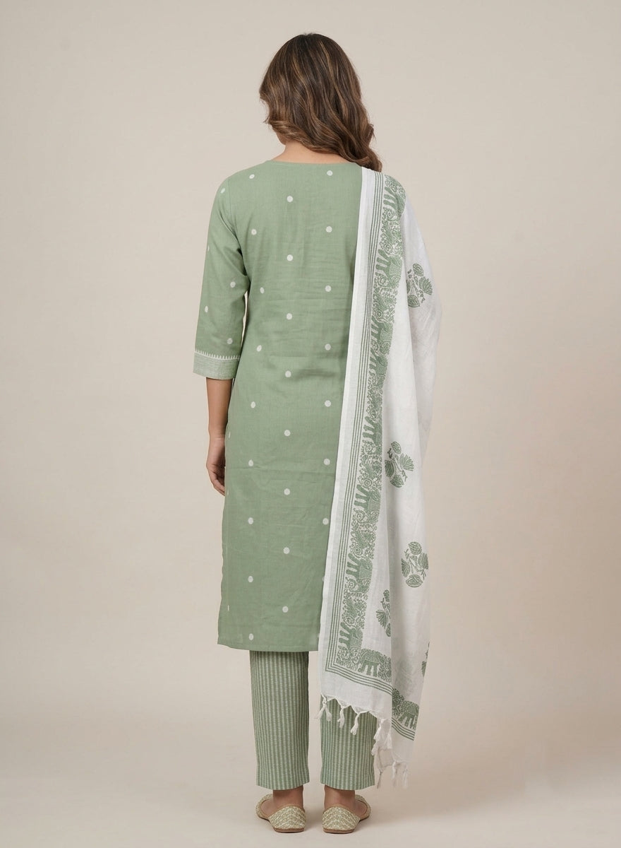 Pallavi Sage Green Thread Butta Jamdani Kurta Set with Dupatta
