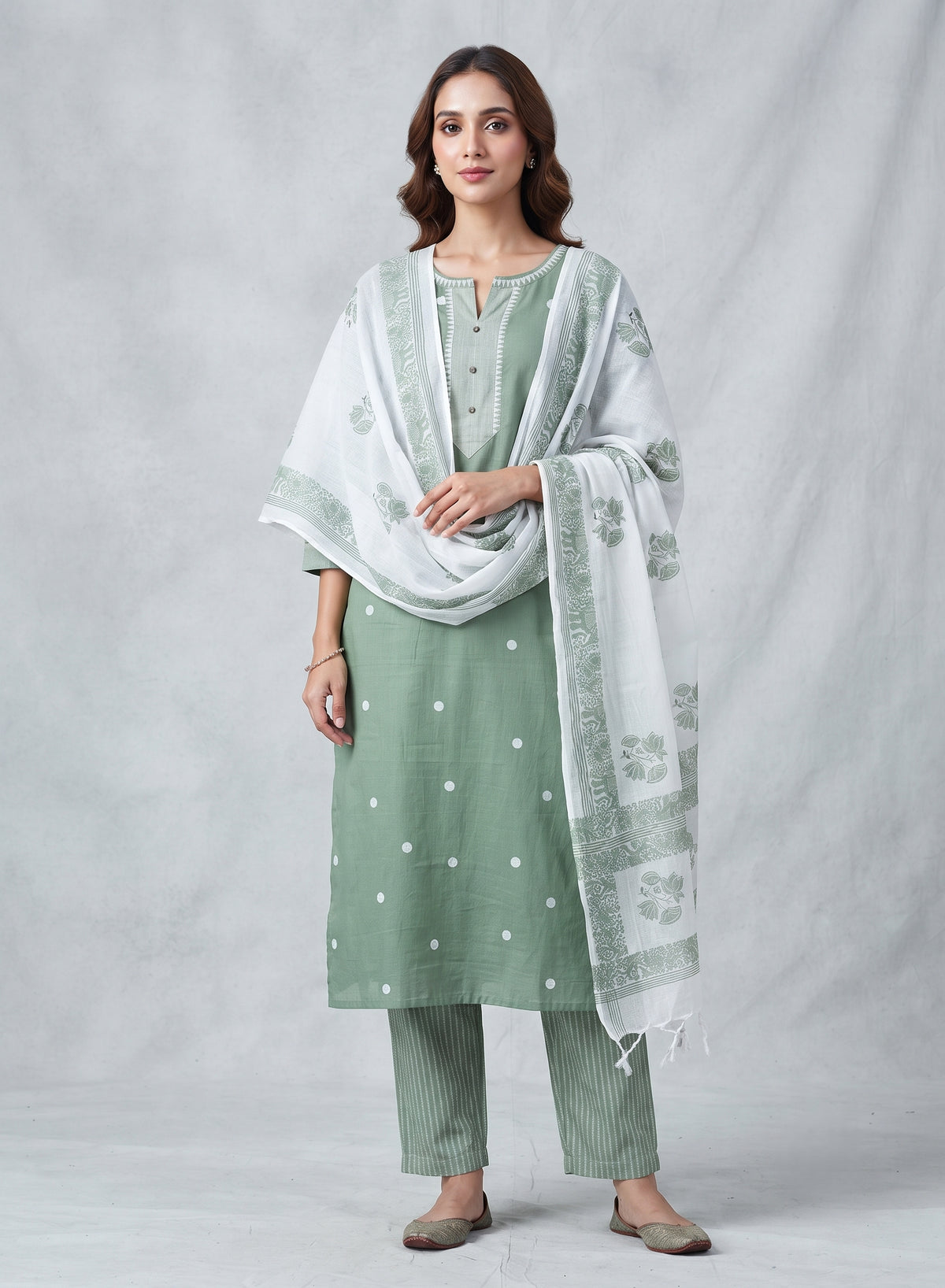 Pallavi Sage Green Thread Butta Jamdani Kurta Set with Dupatta