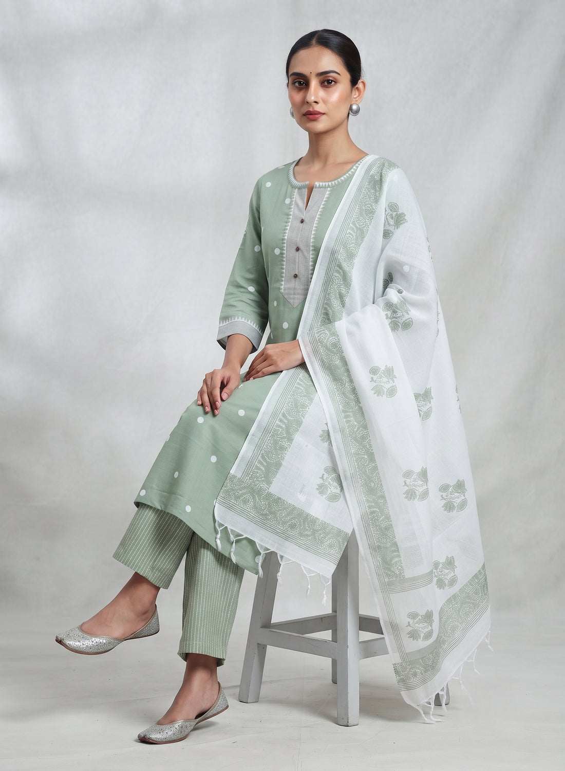 Pallavi Sage Green Thread Butta Jamdani Kurta Set with Dupatta