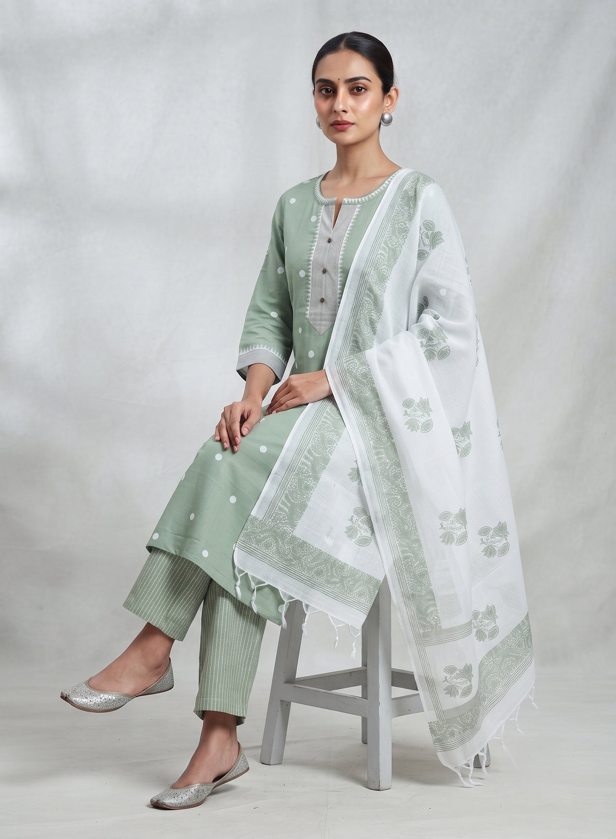 Pallavi Sage Green Thread Butta Jamdani Kurta Set with Dupatta