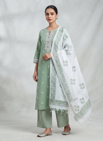 Pallavi Sage Green Thread Butta Jamdani Kurta Set with Dupatta