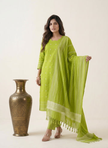 Parijaat Green Jamdani Kurta Set with Dupatta