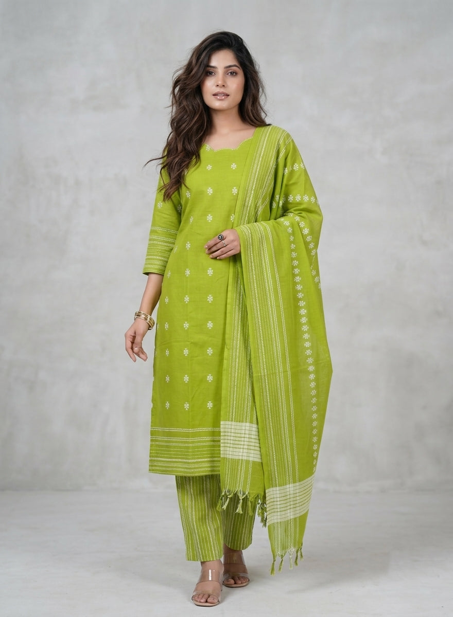 Parijaat Green Jamdani Kurta Set with Dupatta
