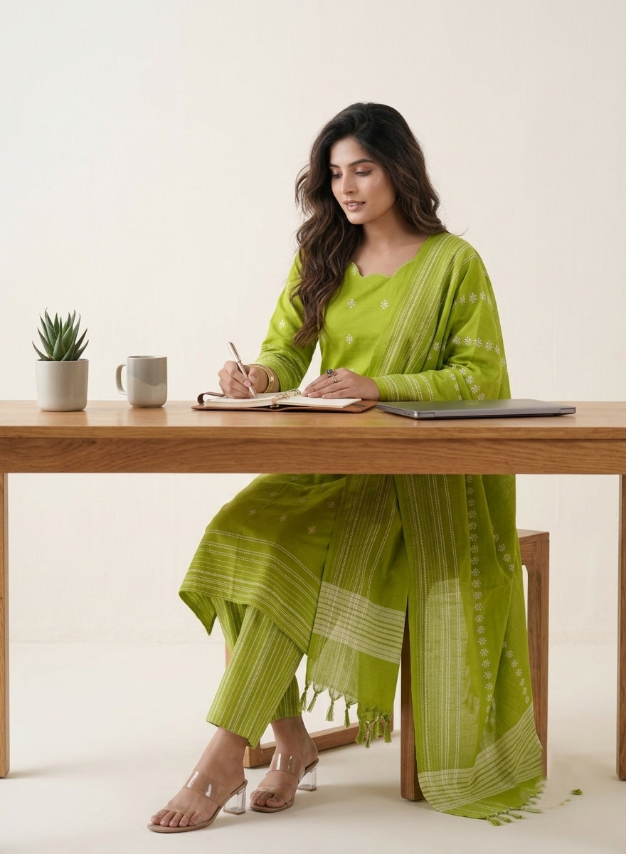 Parijaat Green Jamdani Kurta Set with Dupatta