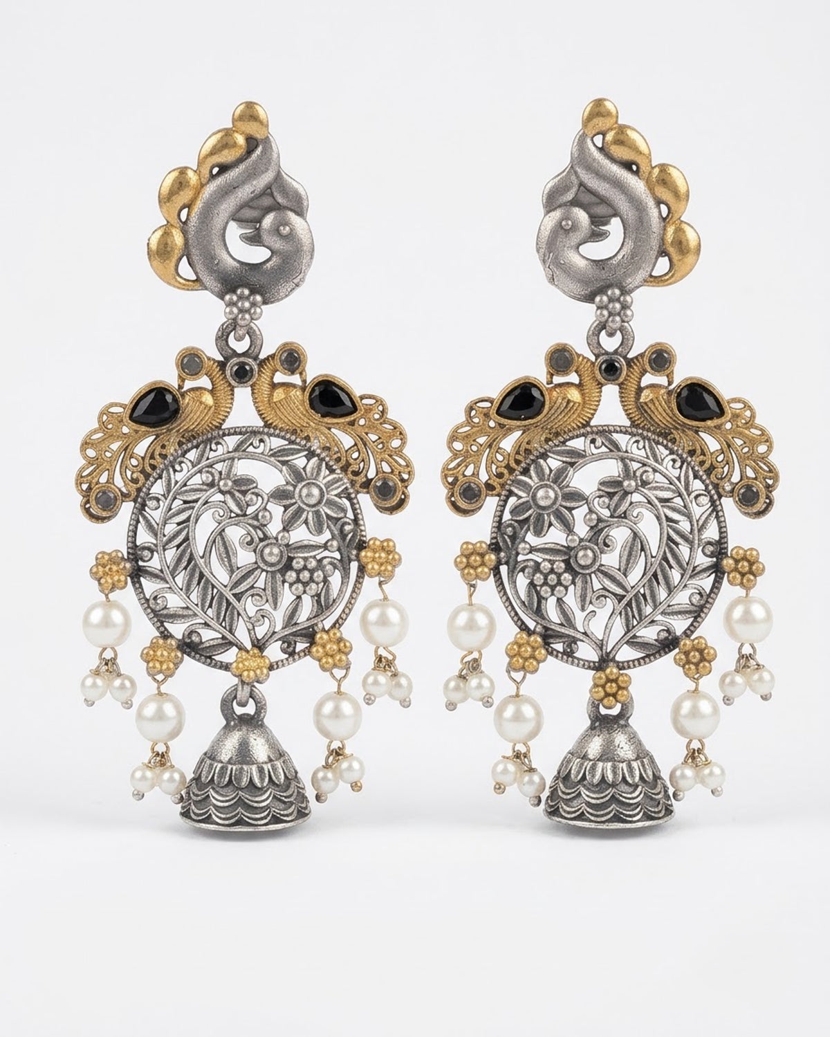 Peacock long Chandelier Earrings - Dual tone