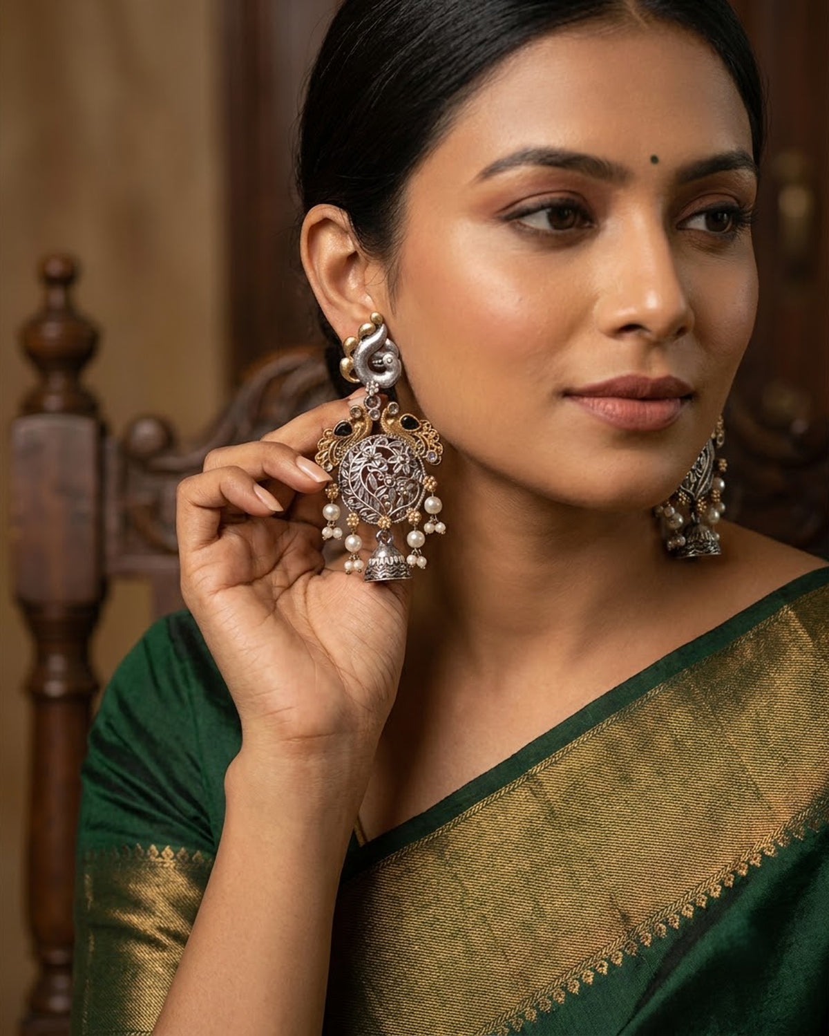 Peacock long Chandelier Earrings - Dual tone