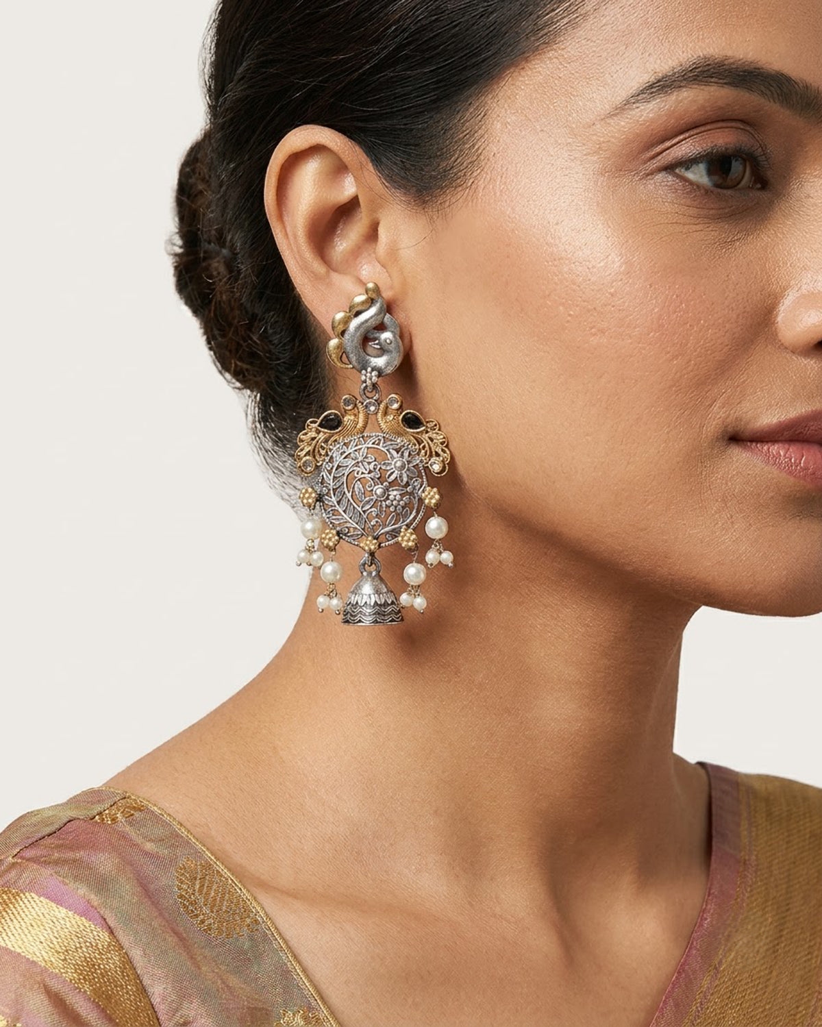 Peacock long Chandelier Earrings - Dual tone