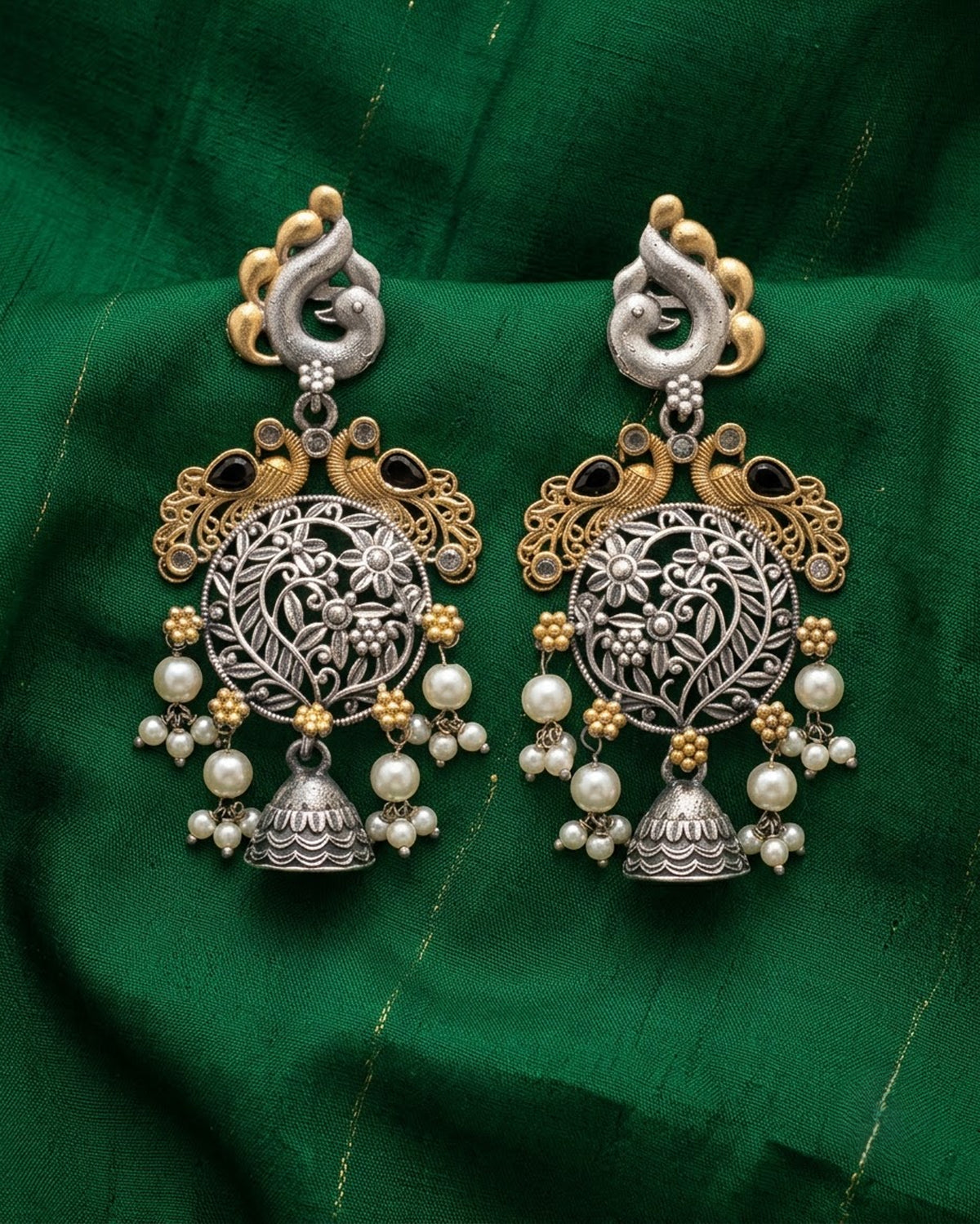 Peacock long Chandelier Earrings - Dual tone