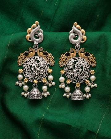 Peacock long Chandelier Earrings - Dual tone
