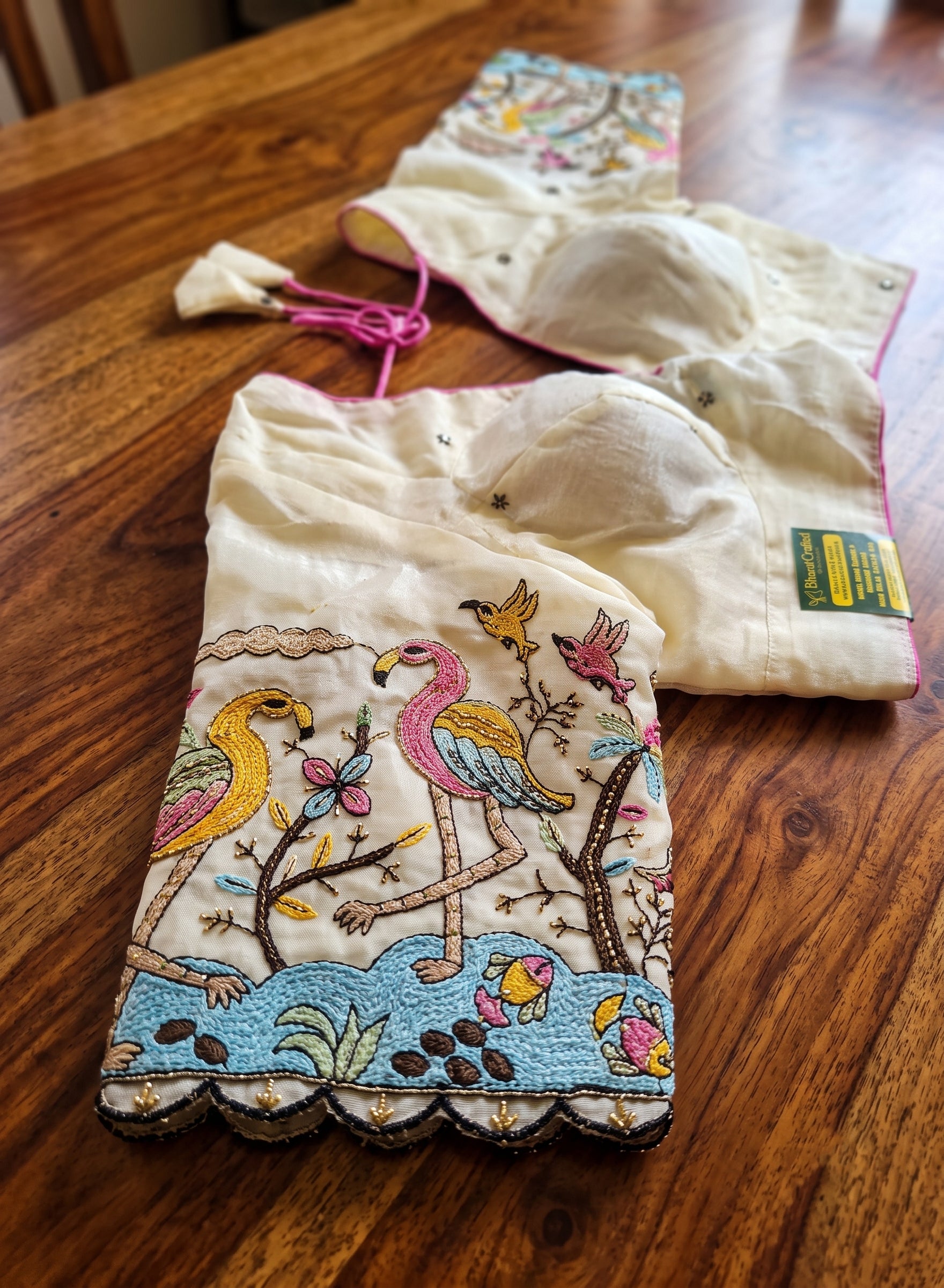 Pearl White Flamingo Embroidered Padded Back Open V-Neck Blouse