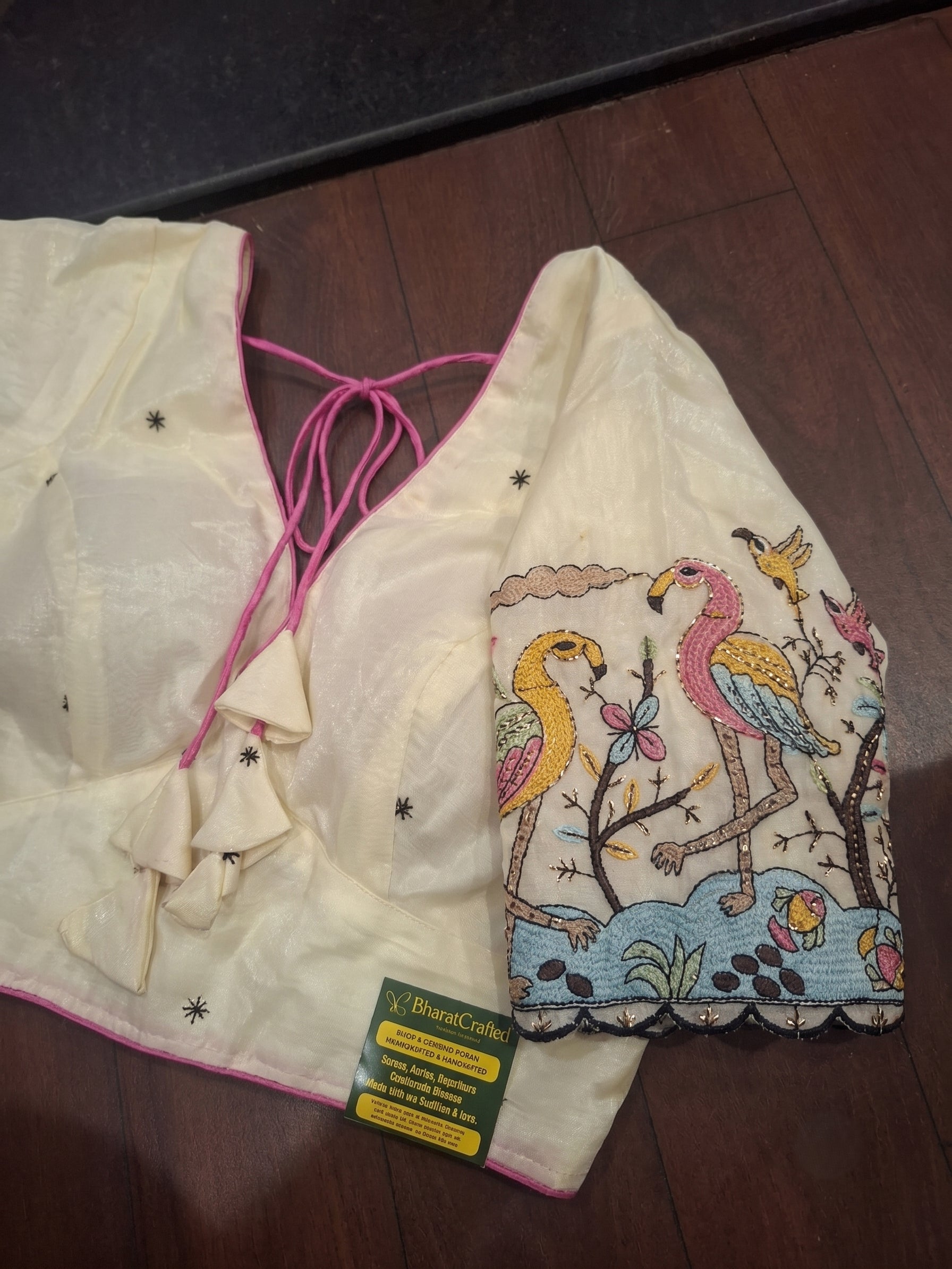 Pearl White Flamingo Embroidered Padded Back Open V-Neck Blouse