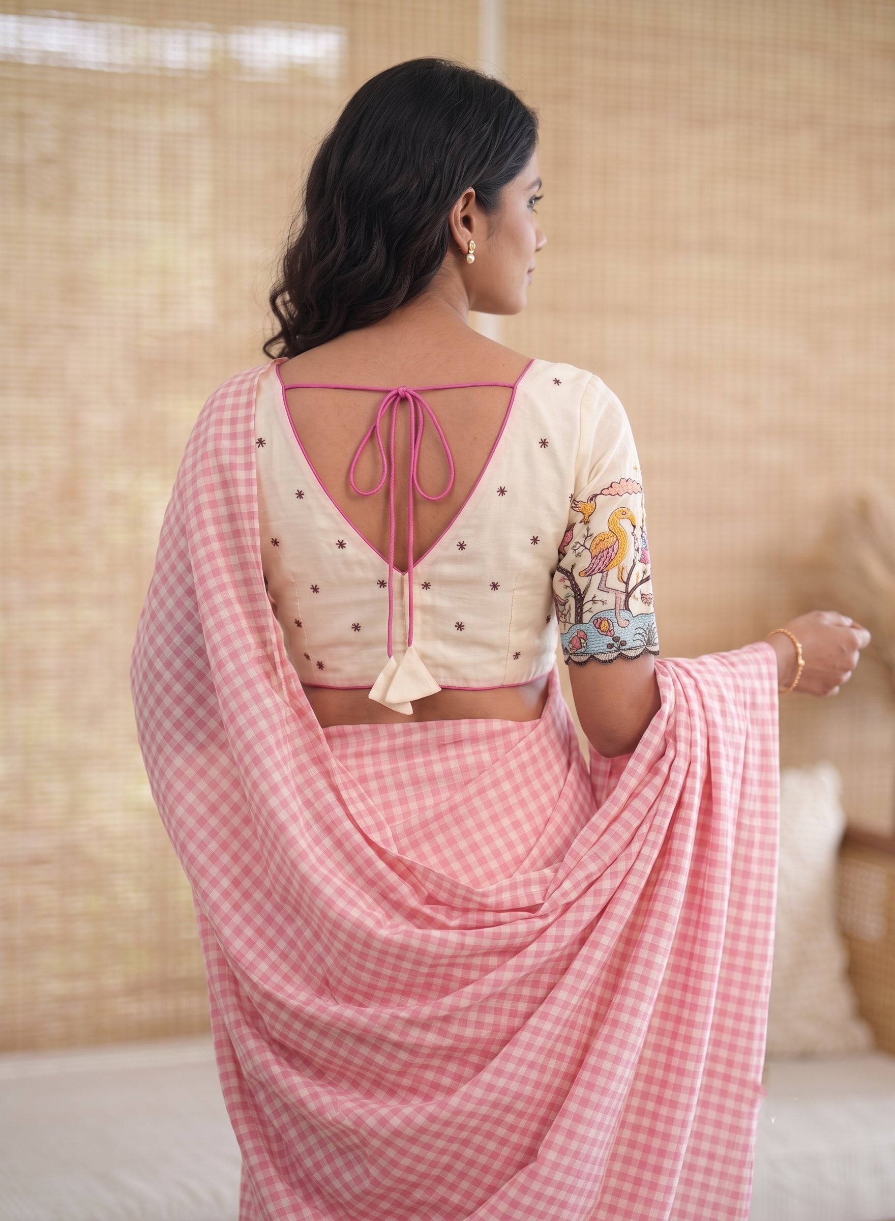 Pearl White Flamingo Embroidered Padded Back Open V-Neck Blouse